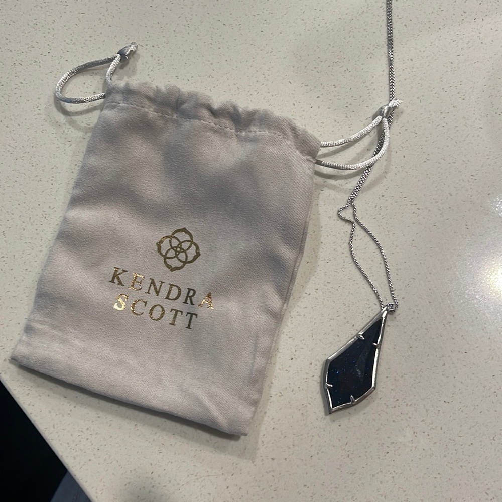 Kendra Scott Alex Pendant silver long necklace in dark blue sparkles